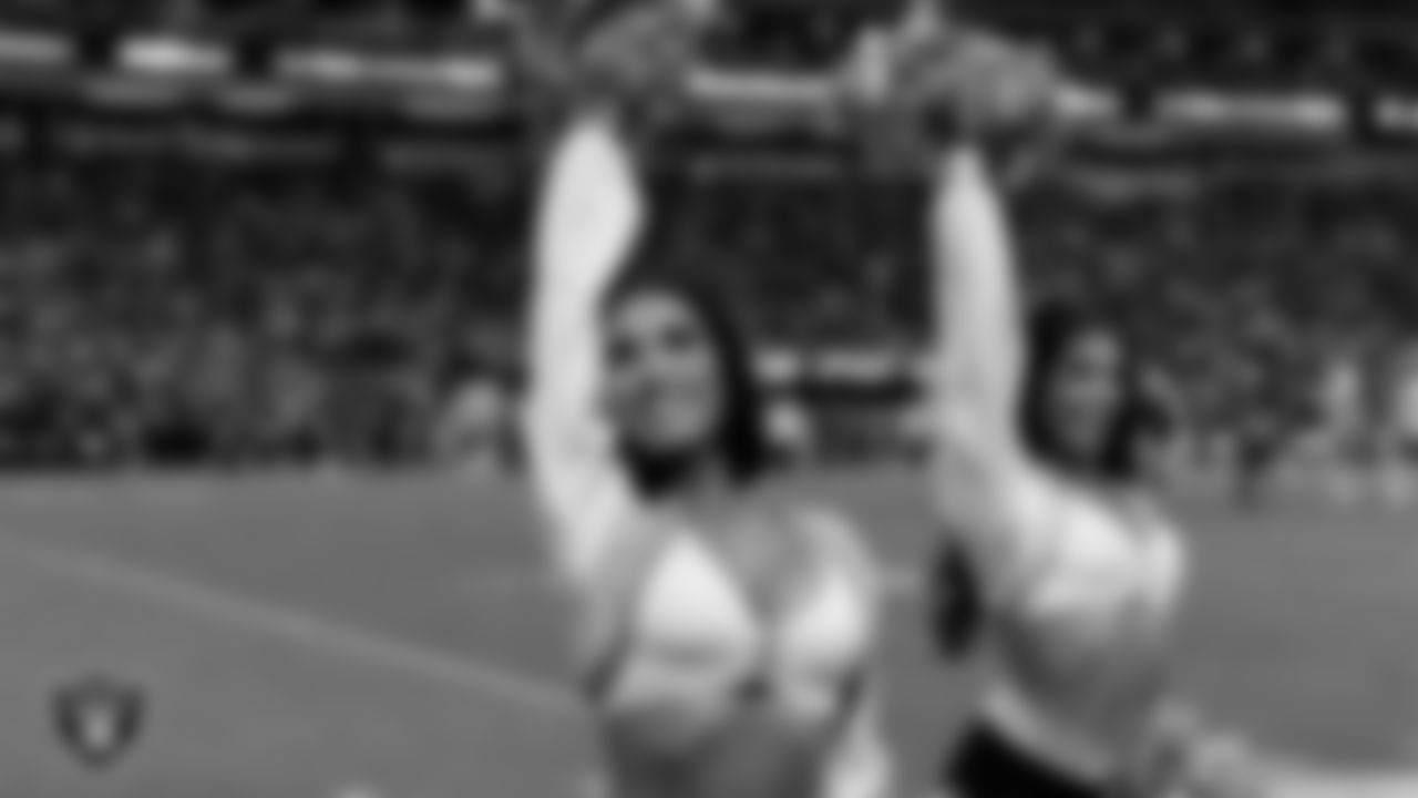 Raiderette Kylie on the sidelines during the regular season home game against the Cleveland Browns at Allegiant Stadium.
