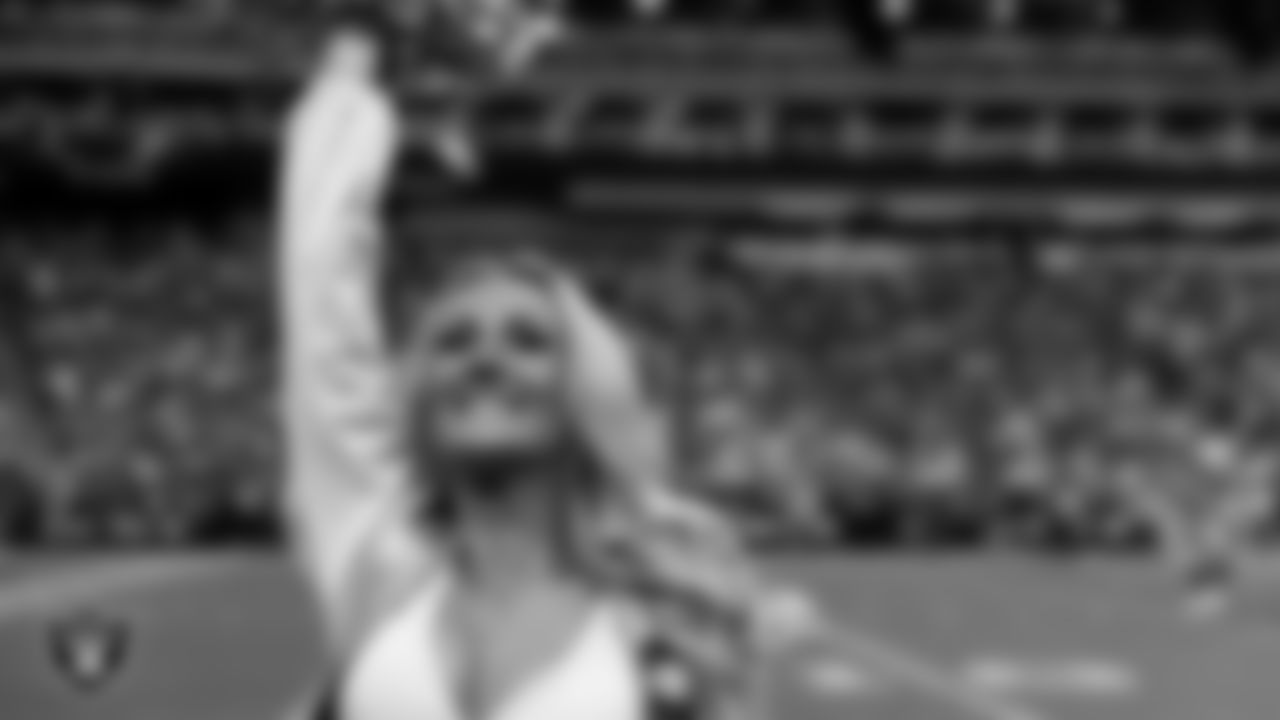 Raiderette Jessica on the sidelines during the regular season home game against the Jacksonville Jaguars at Allegiant Stadium.