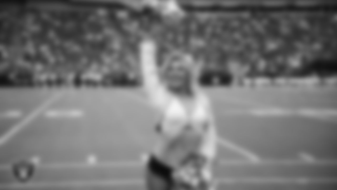 Raiderette Isabella on the sidelines during a 2025 Training Camp mock game at Allegiant Stadium.