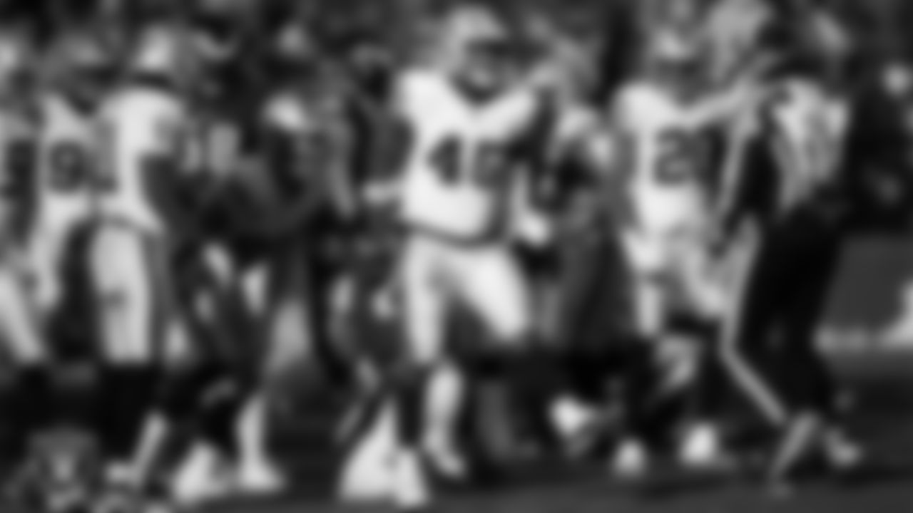 Las Vegas Raiders linebacker Devin White (45) celebrates after making a tackle during the regular season away game against the Philadelphia Eagles at Lincoln Financial Field.