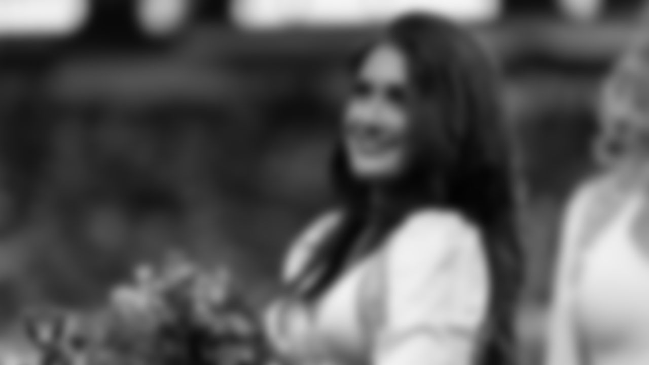 Raiderette Macy on the sidelines during the regular season home game against the Denver Broncos at Allegiant Stadium.