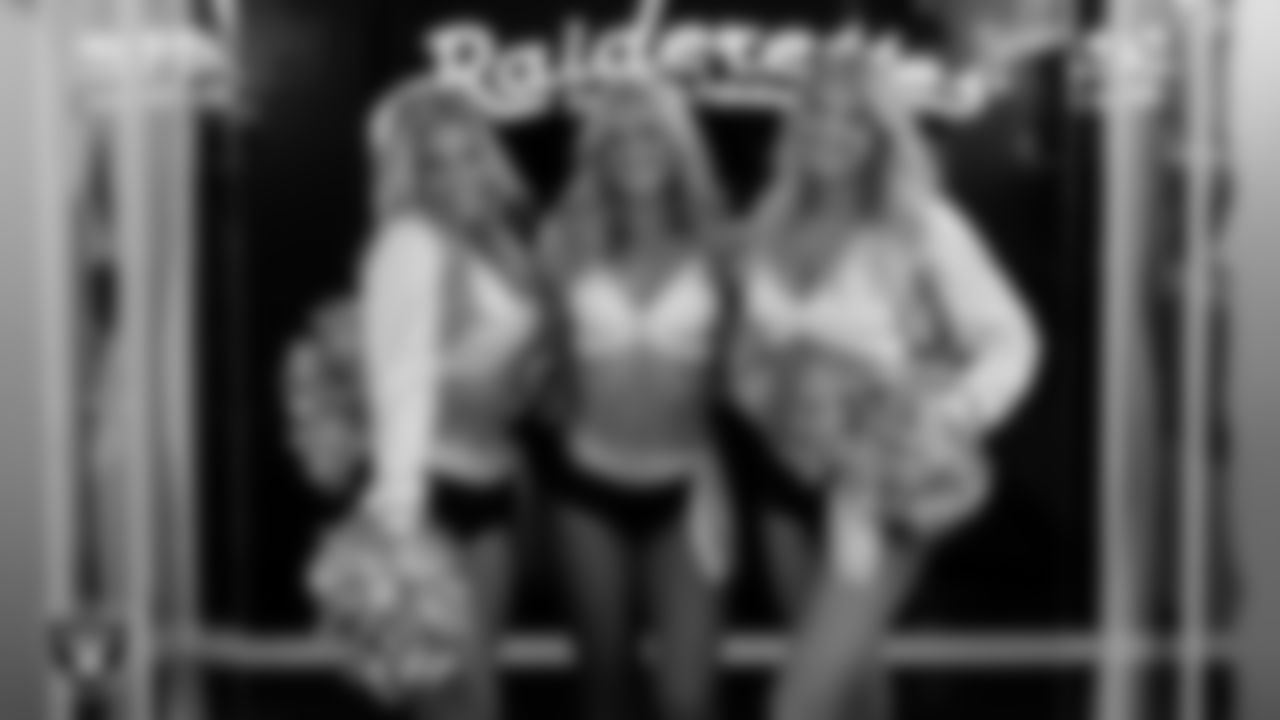 Raiderettes Devyn, Jessica and Cori in the locker room before the regular season home game against the Dallas Cowboys at Allegiant Stadium.
