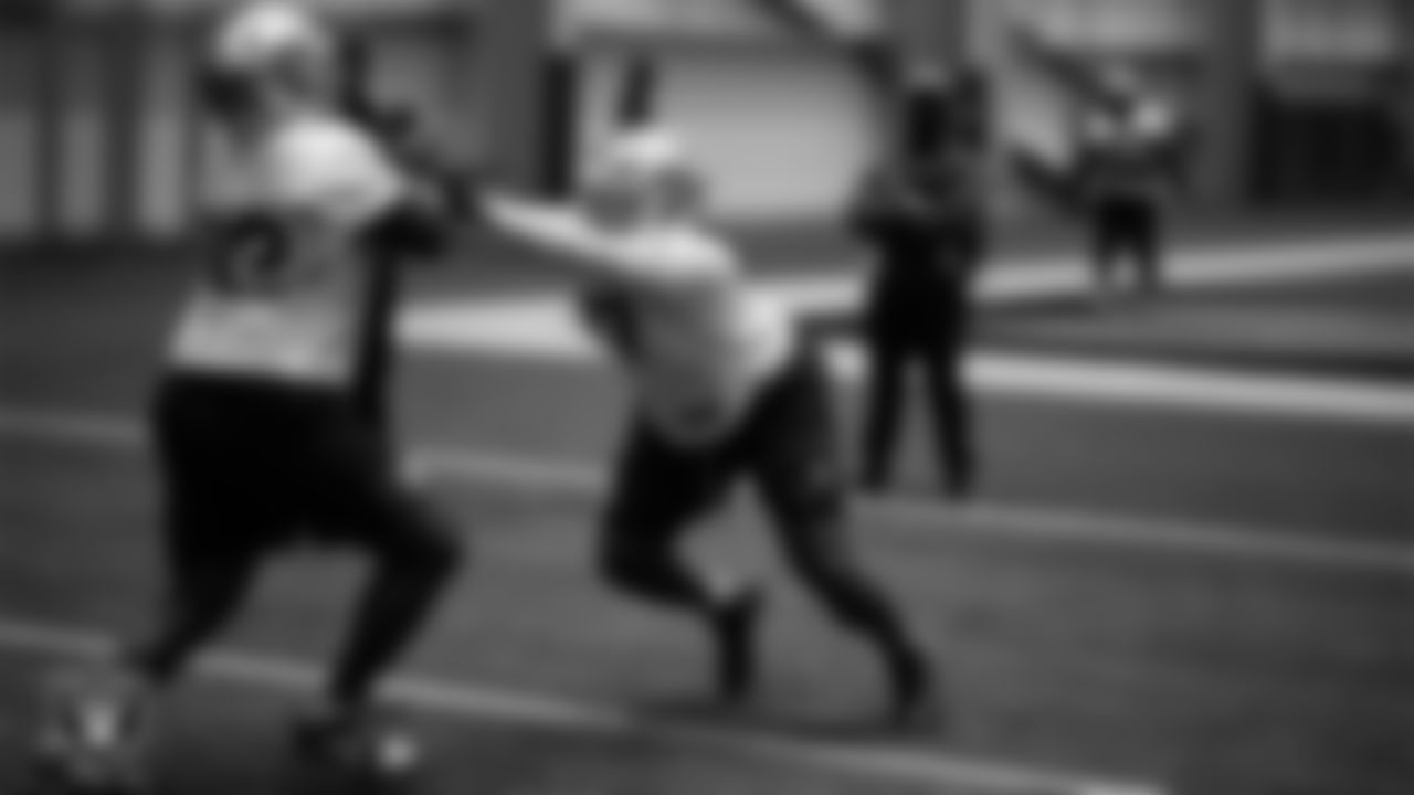 Las Vegas Raiders defensive tackle JJ Pegues (92) and defensive tackle Tonka Hemingway (97) during practice at Intermountain Health Performance Center.