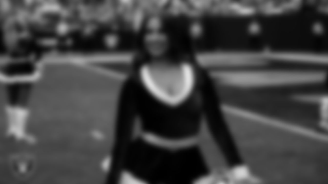 Raiderette Raegen during player introductions before the regular season home game against the New York Giants at Allegiant Stadium.