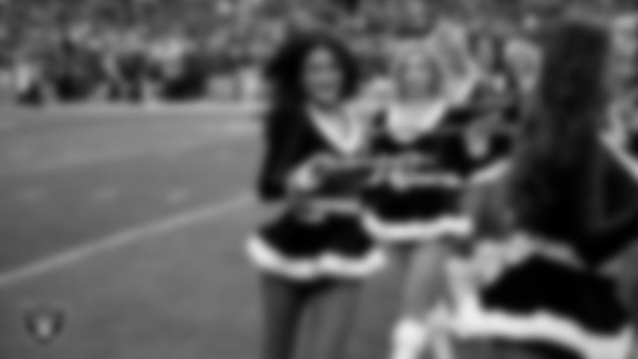 Raiderette Macy after performing on the field before the regular season home game against the New York Giants at Allegiant Stadium.