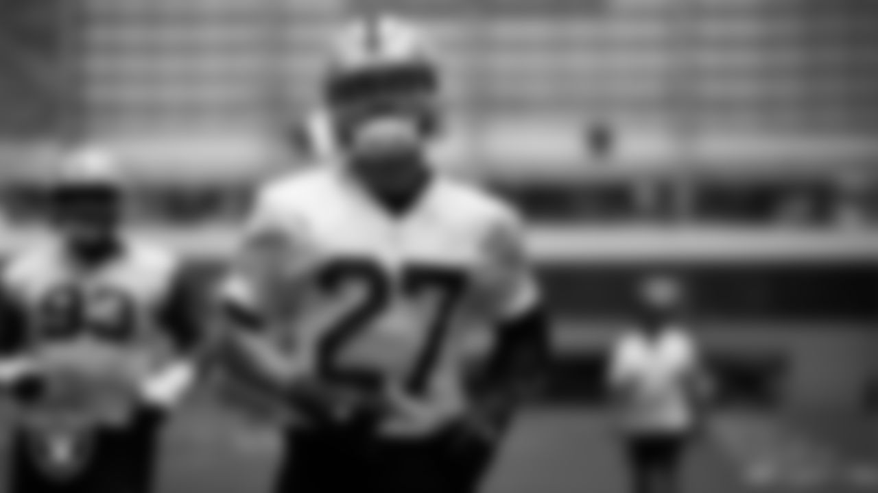 Las Vegas Raiders safety Tristin McCollum (27) during practice at Intermountain Health Performance Center.