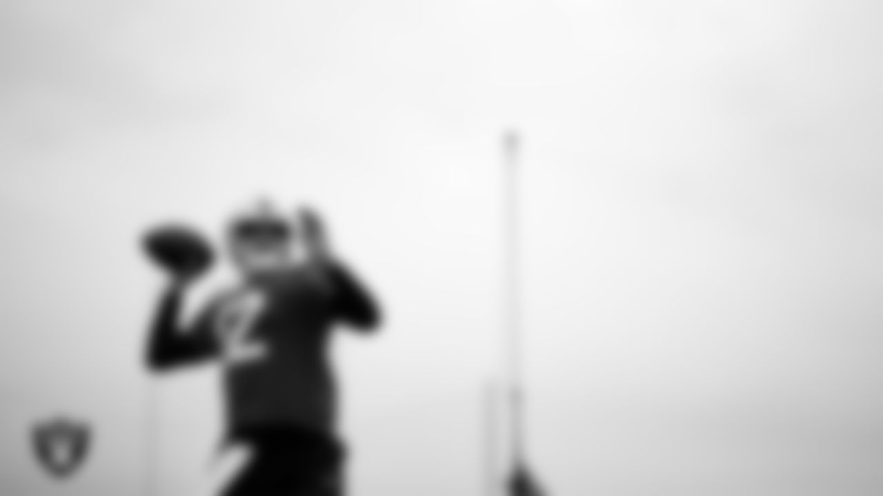 Las Vegas Raiders quarterback Aidan O'Connell (12) during practice at Intermountain Health Performance Center.