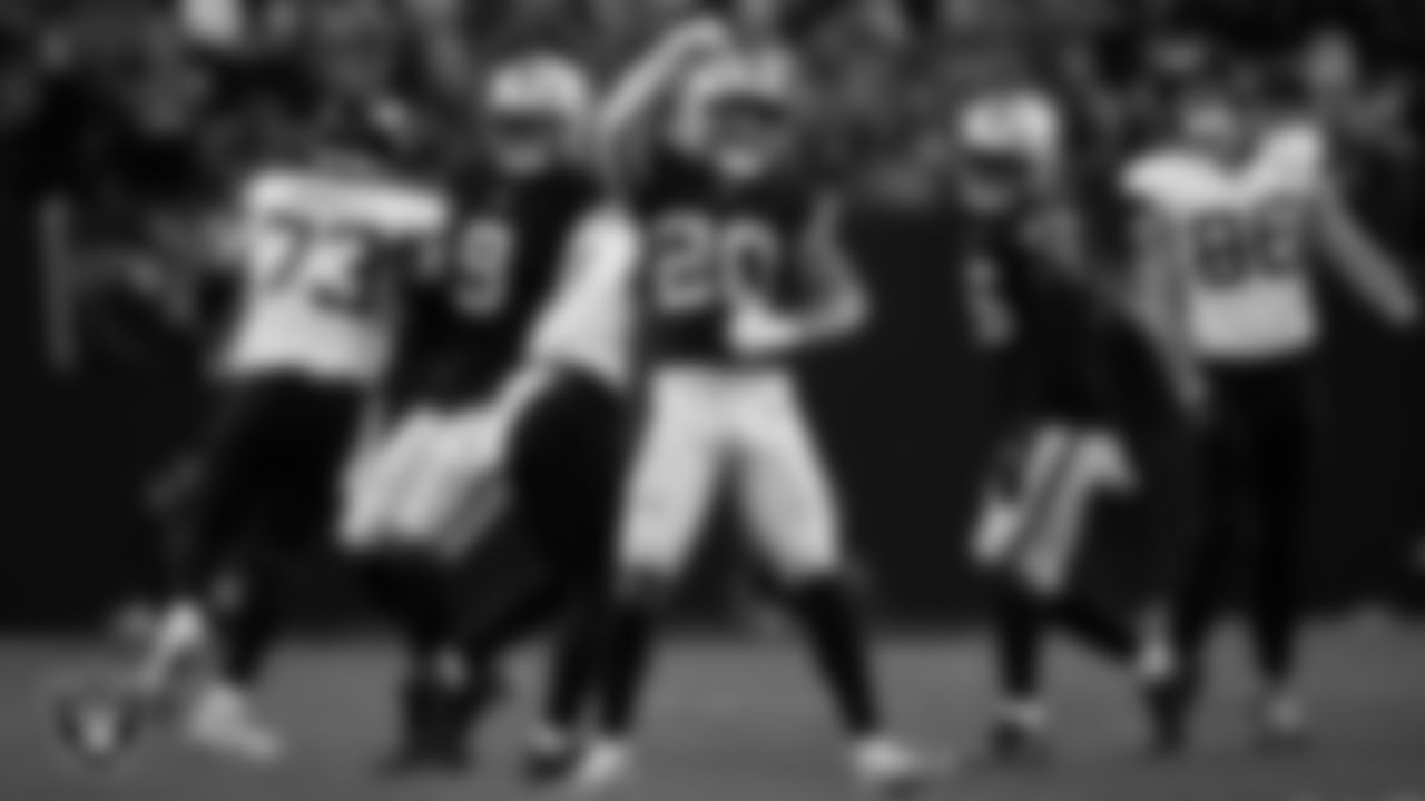 Las Vegas Raiders safety Isaiah Pola-Mao (20) celebrates after making a tackle during the regular season home game against the Jacksonville Jaguars at Allegiant Stadium.