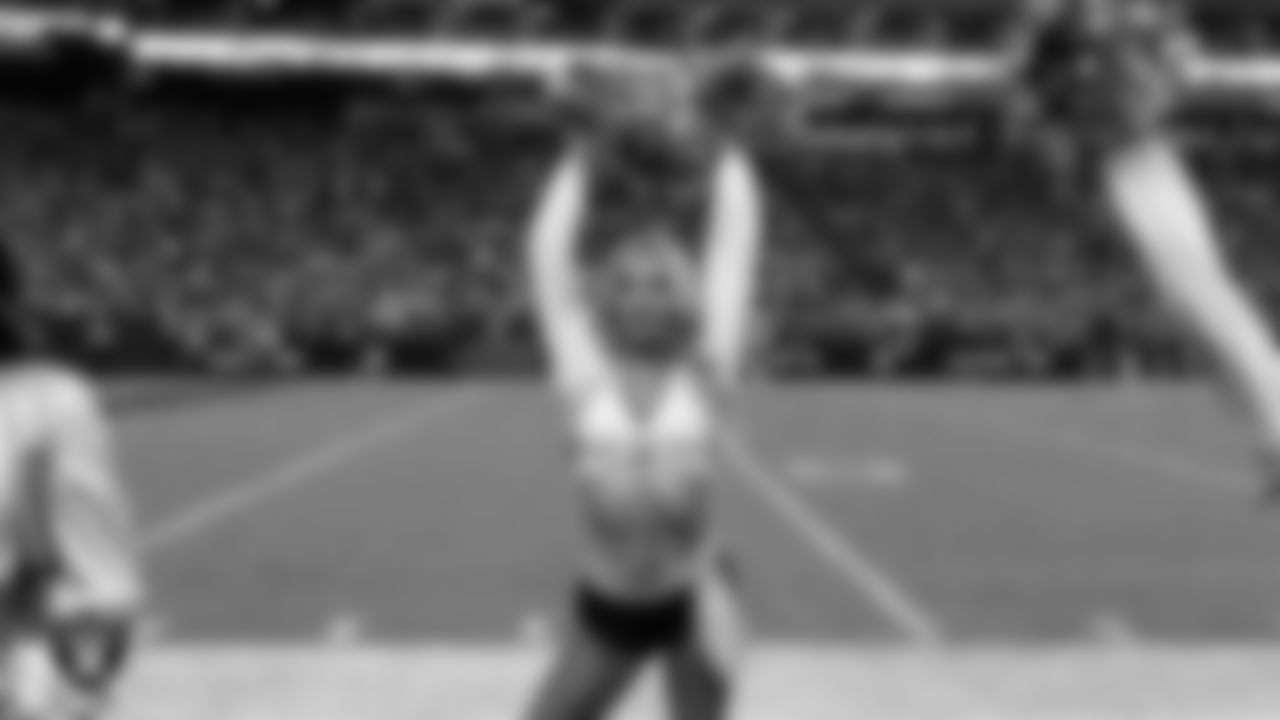 Raiderette Hayley on the sidelines during the regular season home game against the Los Angeles Chargers at Allegiant Stadium.