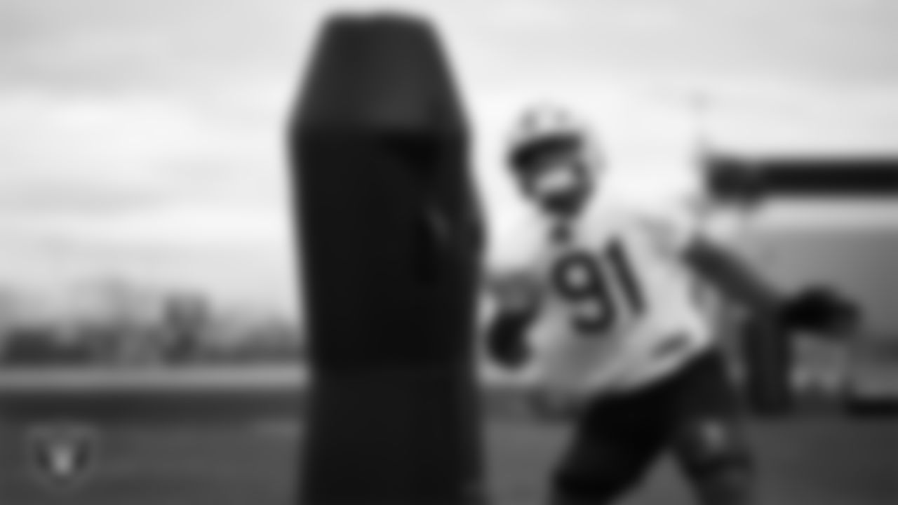 Las Vegas Raiders defensive end Jahfari Harvey (91) during practice at Intermountain Health Performance Center.