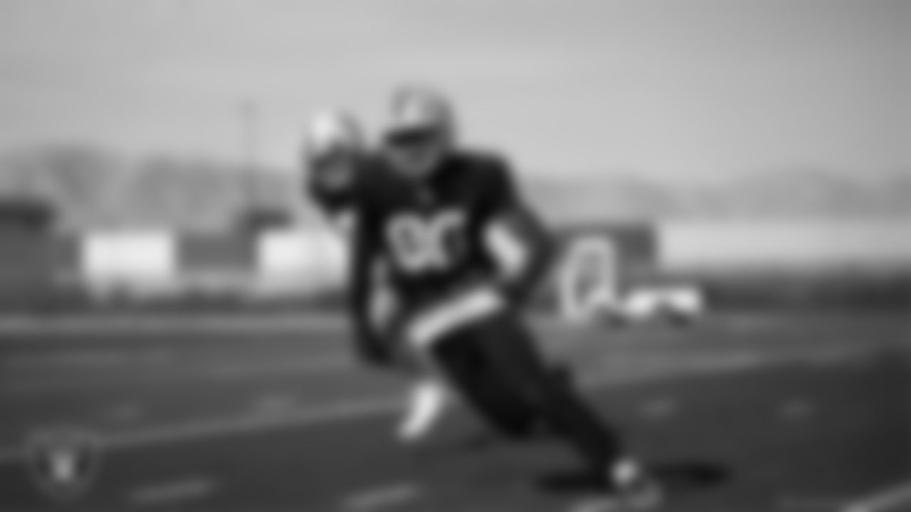 Las Vegas Raiders defensive end Ovie Oghoufo (90) on the field for practice at 2025 Training Camp at Intermountain Health Performance Center.
