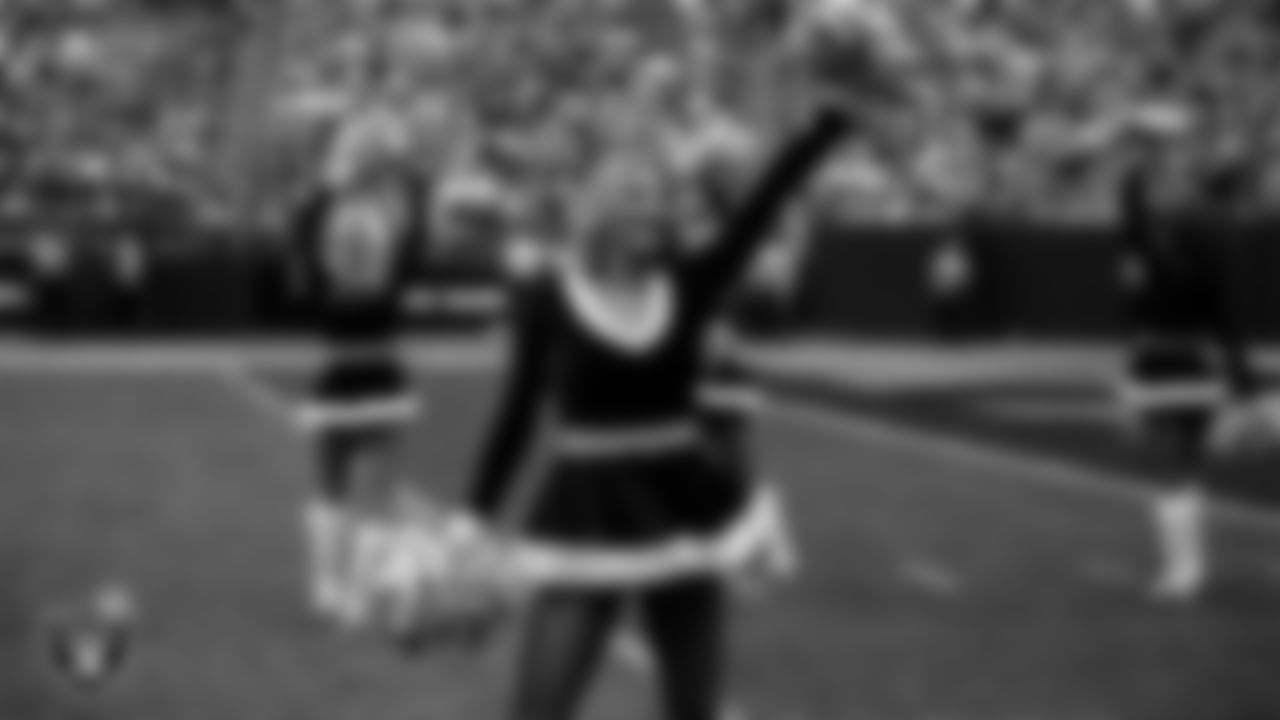 Raiderette Cori during player introductions before the regular season home game against the New York Giants at Allegiant Stadium.