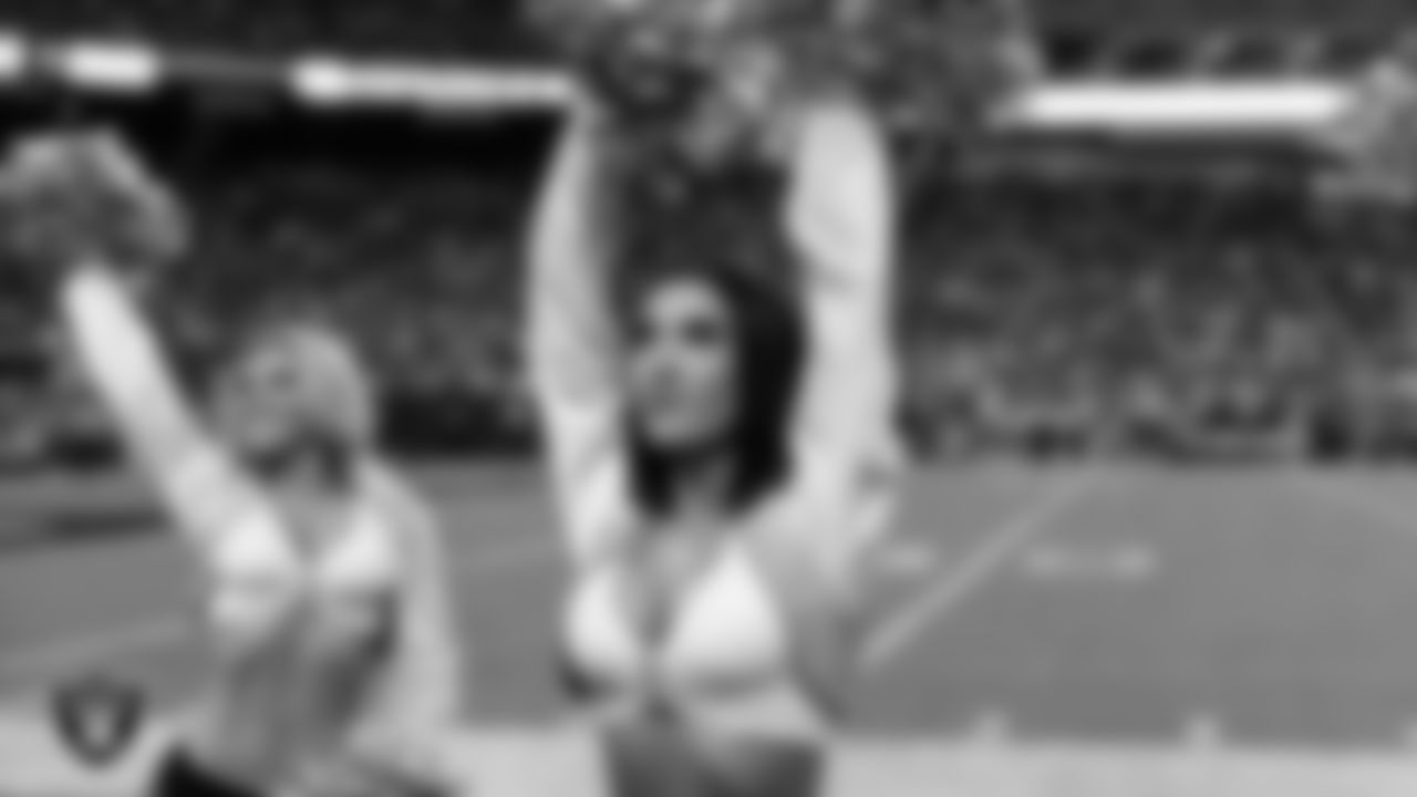 Raiderette Kylie on the sidelines during the regular season home game against the Los Angeles Chargers at Allegiant Stadium.