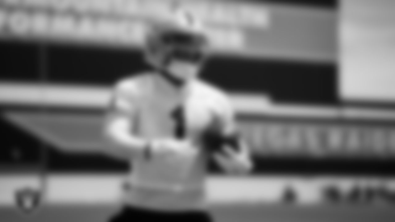 Las Vegas Raiders wide receiver Tre Tucker (1) at an Organized Team Activity (OTA) at Intermountain Health Performance Center.