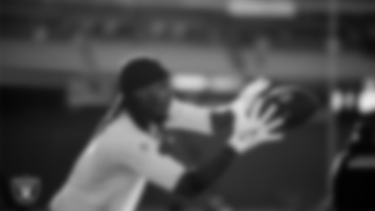 Las Vegas Raiders wide receiver Dont'e Thornton Jr. (10) warming up before the regular season away game against the Kansas City Chiefs at GEHA Field at Arrowhead Stadium.