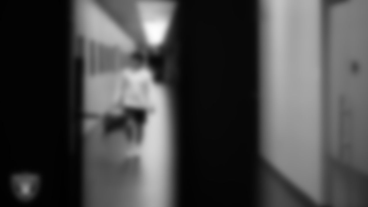 Las Vegas Raiders long snapper Luke Elkin (39) walks out to the field for practice at Intermountain Health Performance Center.