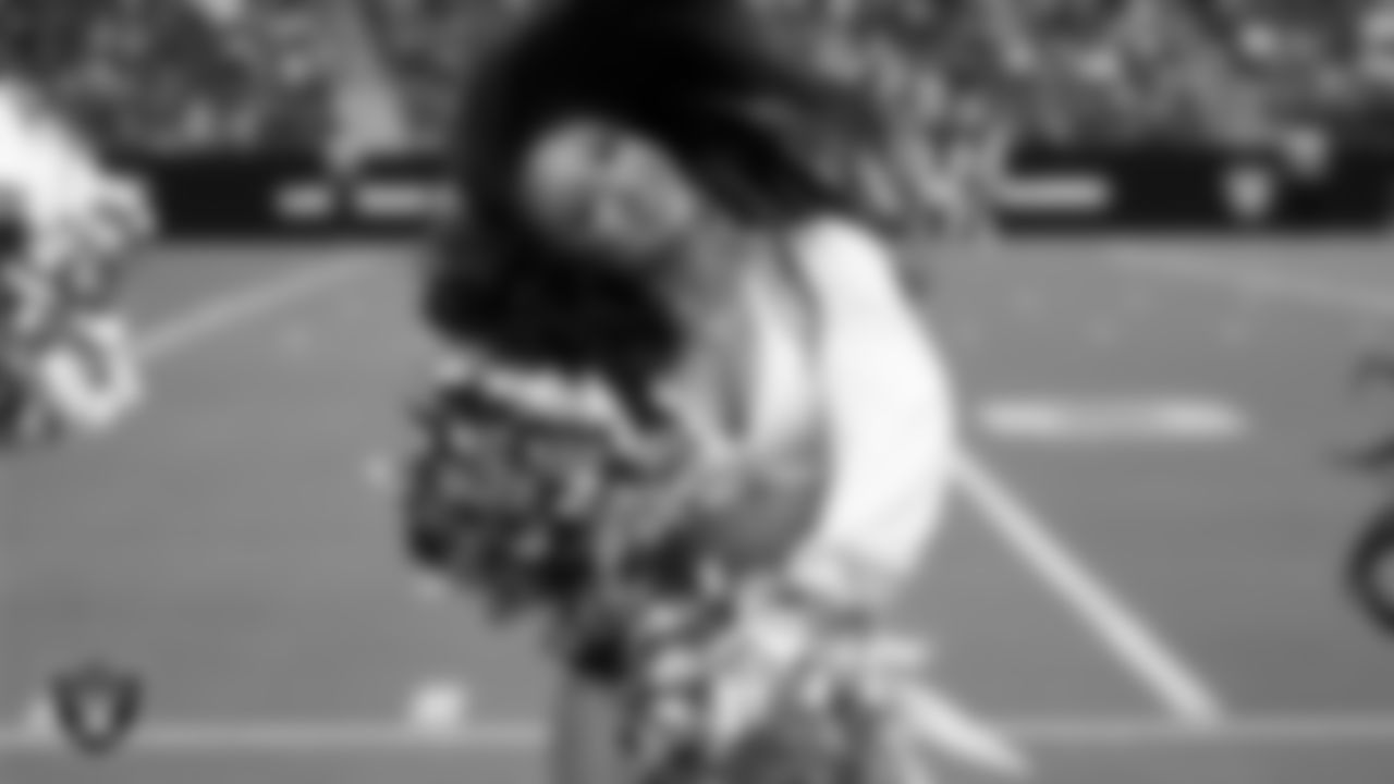 Raiderette Sloane performs on the sidelines during a 2025 Training Camp mock game at Allegiant Stadium.