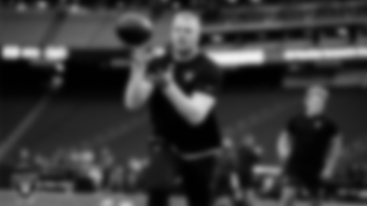 Las Vegas Raiders linebacker Tommy Eichenberg (44) warming up before the regular season home game against the Denver Broncos at Allegiant Stadium.