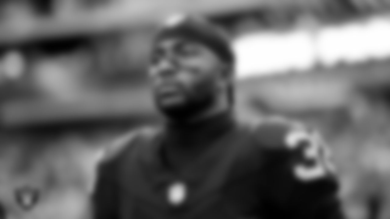 Las Vegas Raiders cornerback Kyu Blu Kelly (36) during the national anthem before the regular season home game against the Denver Broncos at Allegiant Stadium.