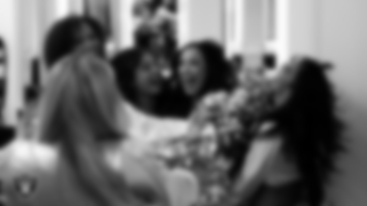 Raiderette Cheyanne is named Raiderette of the Game in the locker room before the regular season home game against the Los Angeles Chargers at Allegiant Stadium.