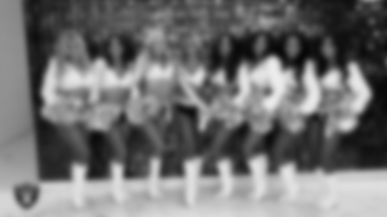 Line 3 of the Raiderettes in the locker room before the regular season home game against the Tennessee Titans at Allegiant Stadium.