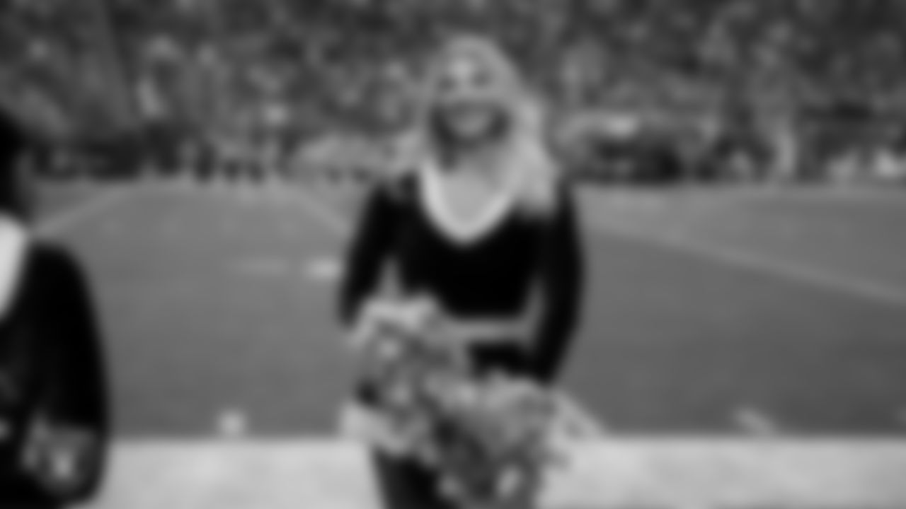 Raiderette Cori on the sidelines during the regular season home game against the New York Giants at Allegiant Stadium.