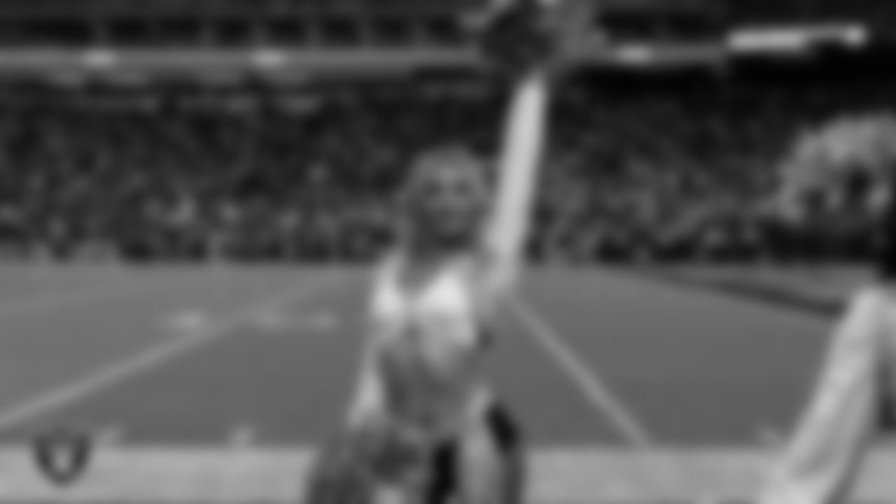 Raiderette Hayley on the sidelines during the regular season home game against the Los Angeles Chargers at Allegiant Stadium.
