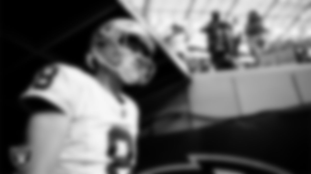 \Las Vegas Raiders kicker Daniel Carlson (8) walks down the tunnel before the regular season away game against the Los Angeles Chargers at SoFi Stadium.