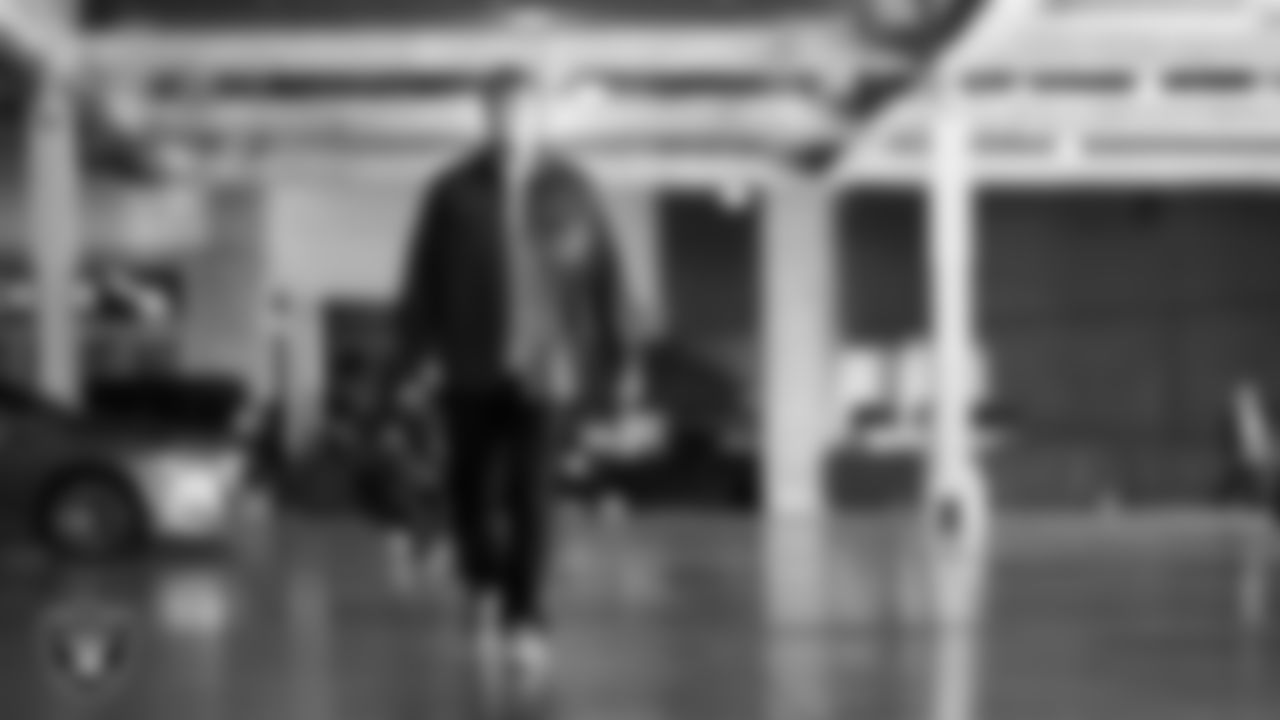 Las Vegas Raiders linebacker Cody Lindenberg (55) arrives to the regular season home game against the New York Giants at Allegiant Stadium.