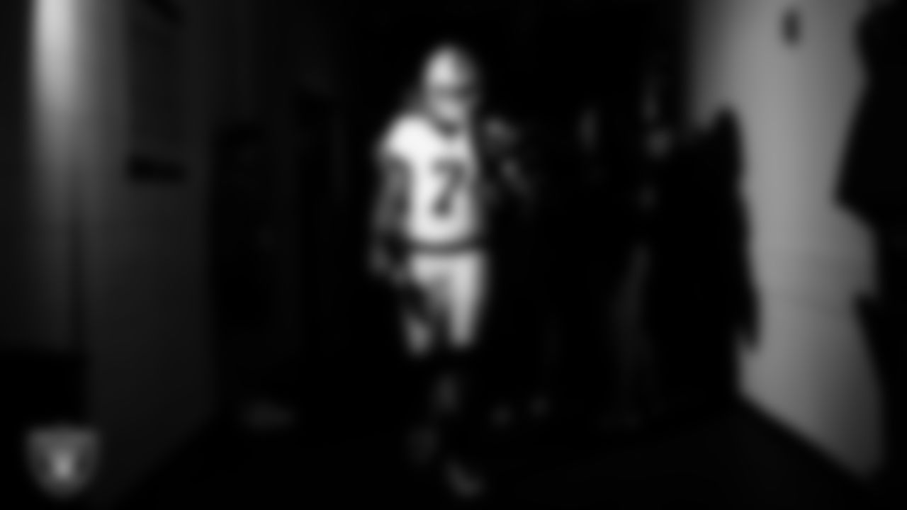 Las Vegas Raiders quarterback Geno Smith (7) walks down the tunnel before the regular season away game against the Kansas City Chiefs at GEHA Field at Arrowhead Stadium.