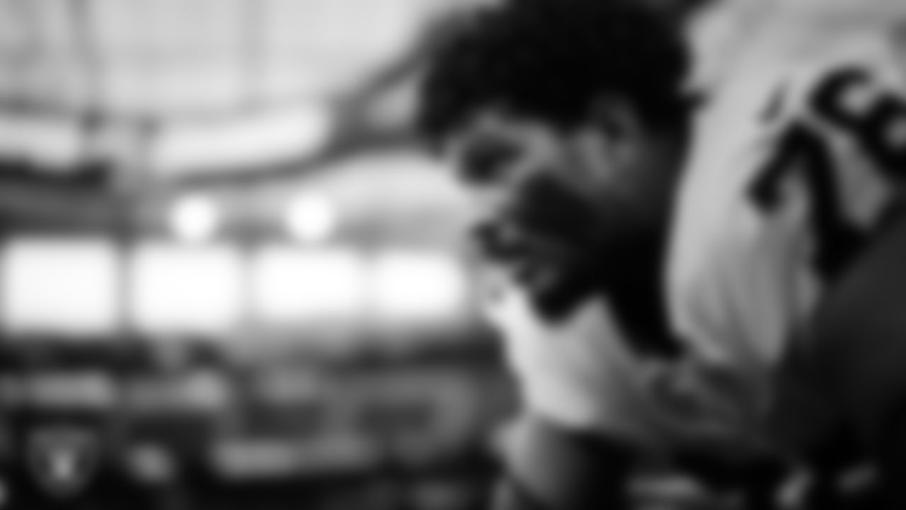 Las Vegas Raiders guard Caleb Rogers (76) warming up before the regular season away game against the Los Angeles Chargers at SoFi Stadium.