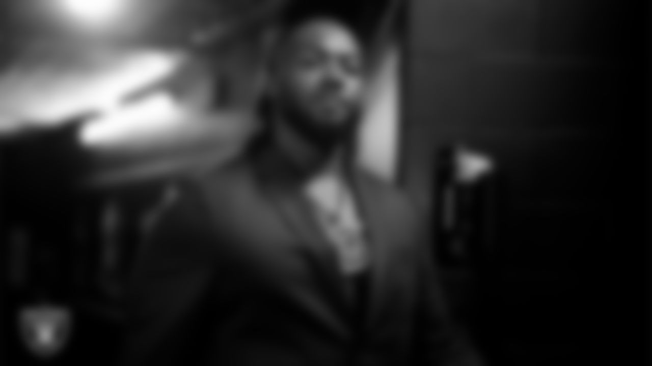 Las Vegas Raiders defensive tackle Adam Butler (69) arrives to the regular season home game against the Denver Broncos at Allegiant Stadium.