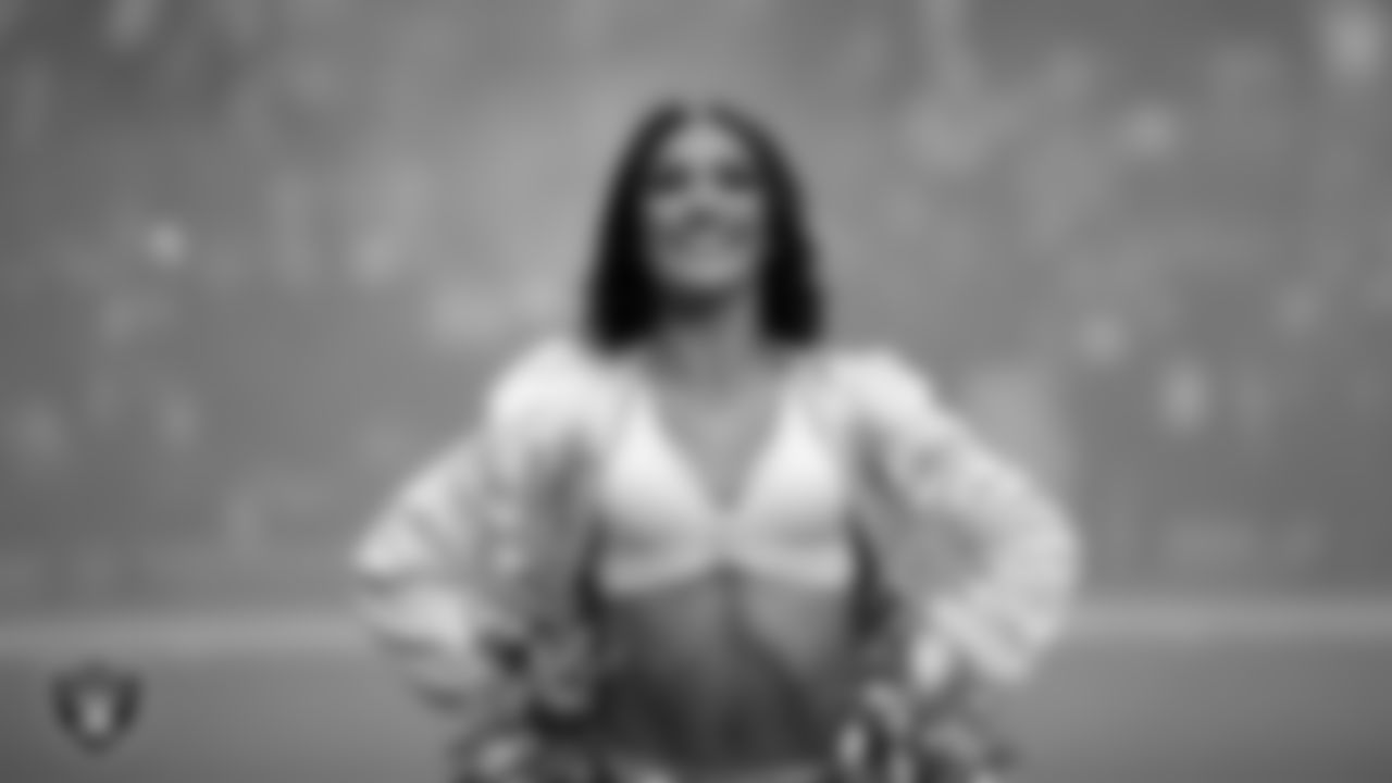 Raiderette Amanda during player introductions before the regular season home game against the Cleveland Browns at Allegiant Stadium.