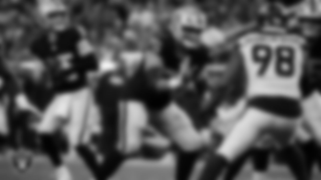 Las Vegas Raiders guard Caleb Rogers (76) blocks during the regular season home game against the Denver Broncos at Allegiant Stadium.