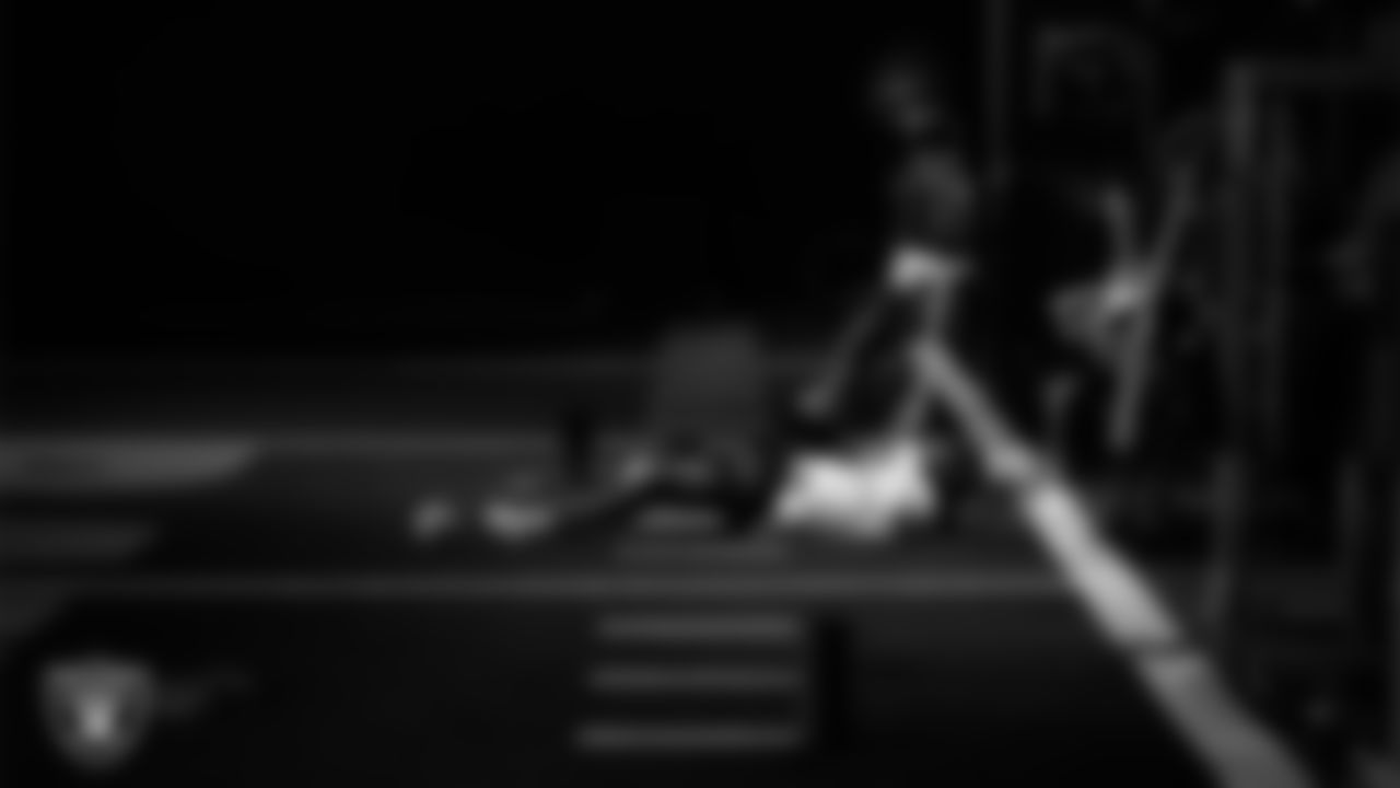 Las Vegas Raiders defensive end Jahfari Harvey (91) in the weight room during practice at Intermountain Health Performance Center.