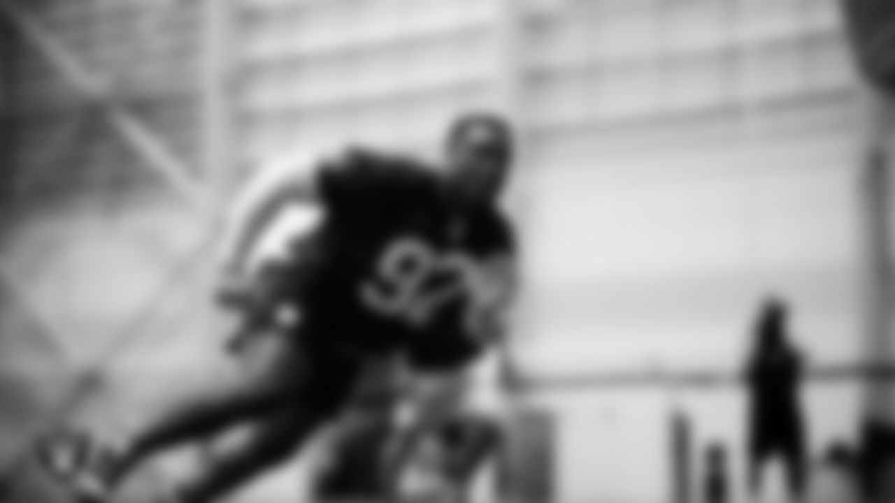 Las Vegas Raiders defensive tackle JJ Pegues (92) at a workout during phase two of the offseason program at Intermountain Health Performance Center.