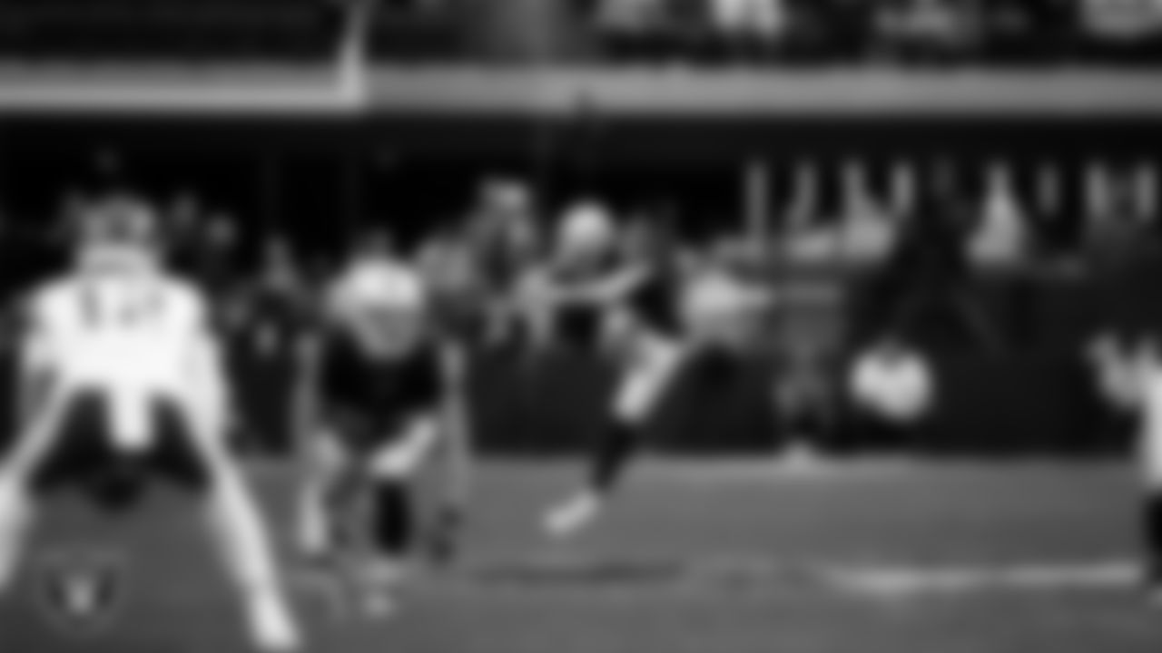 Las Vegas Raiders kicker Daniel Carlson (8) kicks off during the regular season home game against the Kansas City Chiefs at Allegiant Stadium.