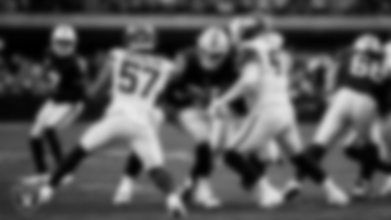 Las Vegas Raiders guard Caleb Rogers (76) blocks during the regular season home game against the Denver Broncos at Allegiant Stadium.