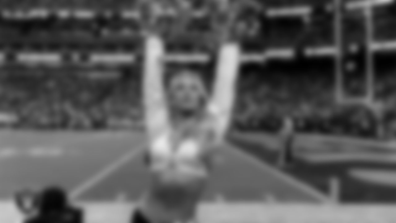 Raiderette Delaney on the sidelines during the regular season home game against the Jacksonville Jaguars at Allegiant Stadium.