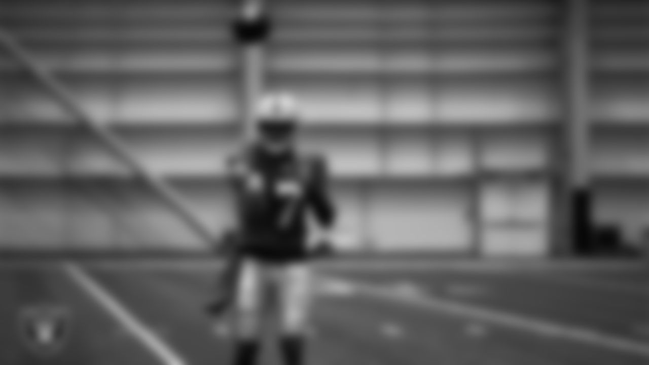Las Vegas Raiders quarterback Geno Smith (7) on the field for practice at 2025 Training Camp at Intermountain Health Performance Center.