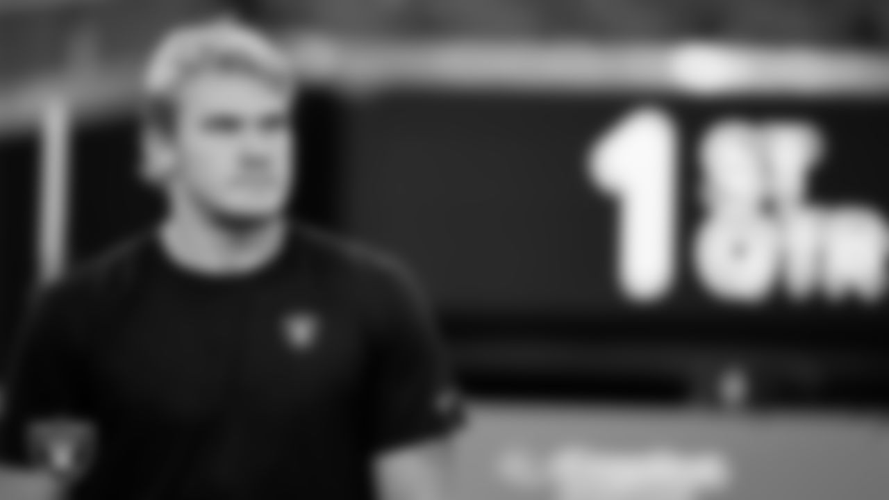 Las Vegas Raiders linebacker Cody Lindenberg (55) warming up before the regular season home game against the Los Angeles Chargers at Allegiant Stadium.