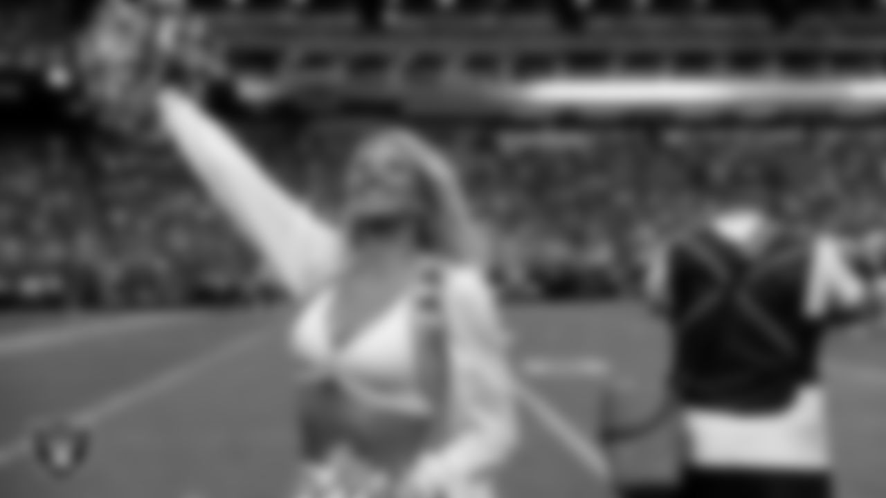 Raiderette Cori on the sidelines during the regular season home game against the Jacksonville Jaguars at Allegiant Stadium.