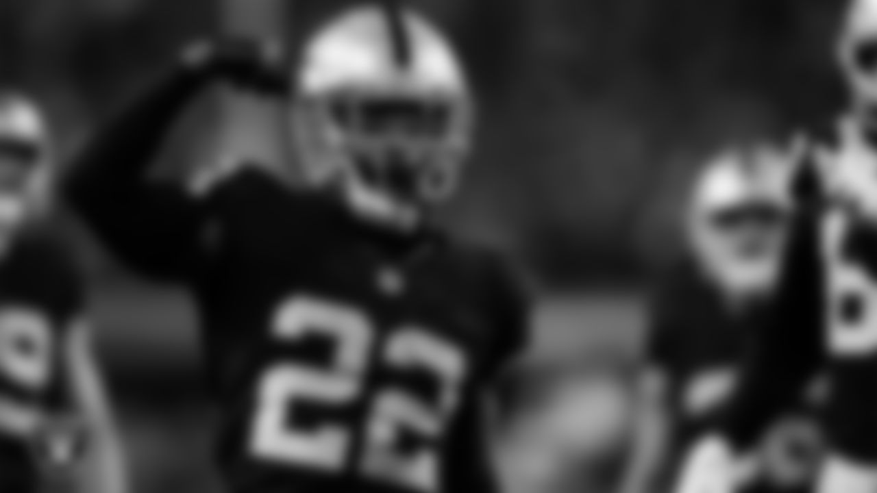 Las Vegas Raiders running back Ameer Abdullah (22) celebrates after making a tackle during the regular season home game against the New York Jets at Allegiant Stadium.