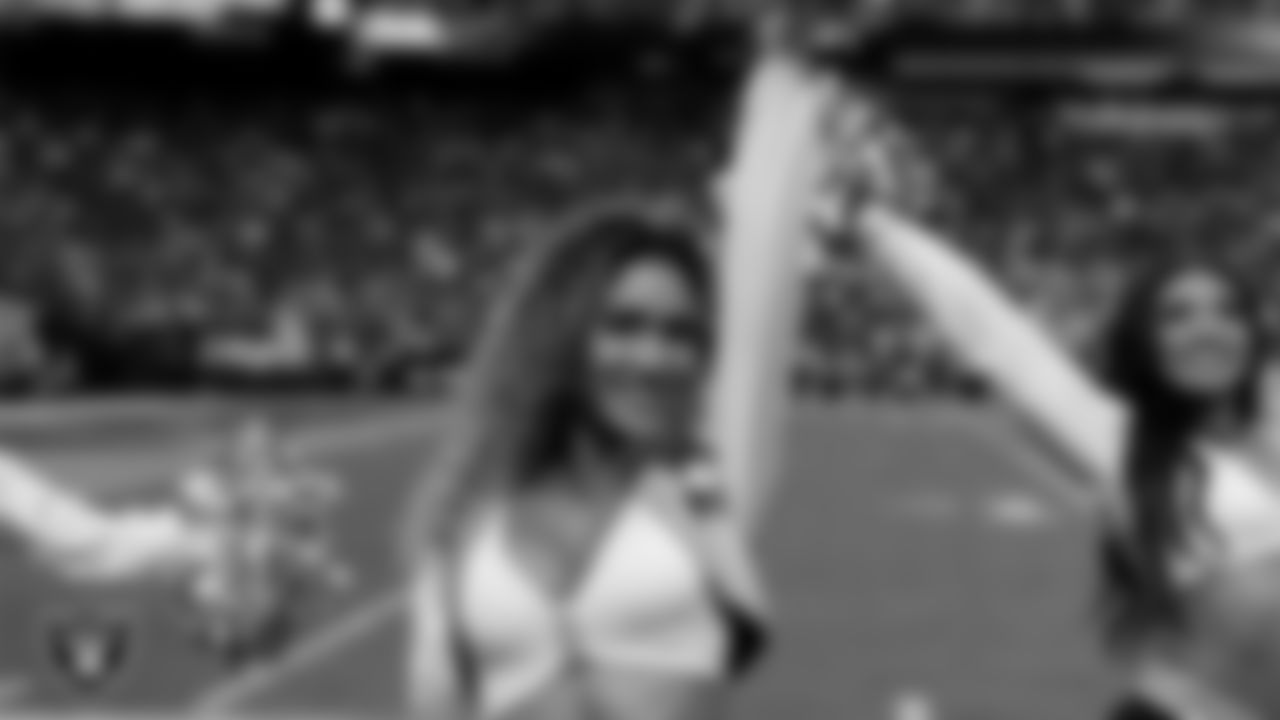 Raiderette Jenna on the sidelines during the regular season home game against the Jacksonville Jaguars at Allegiant Stadium.