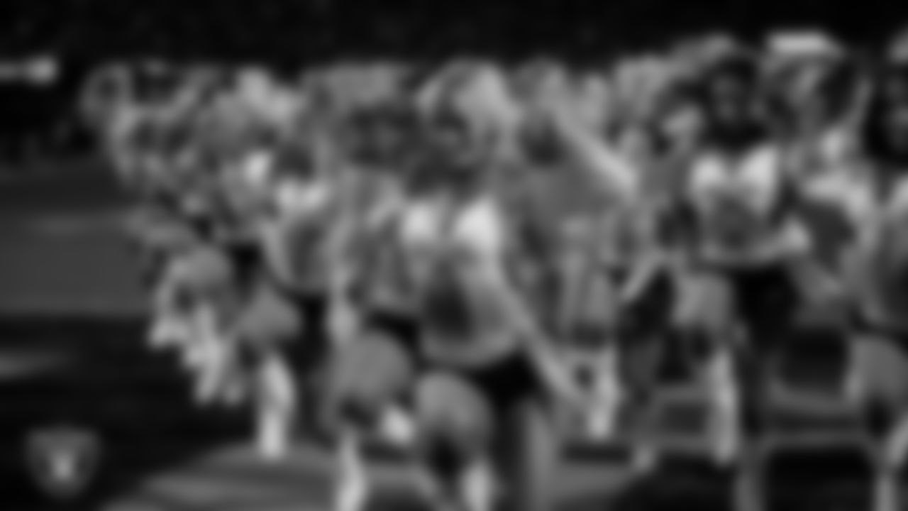 Raiderette Pip performs on the field during the regular season home game against the Dallas Cowboys at Allegiant Stadium.