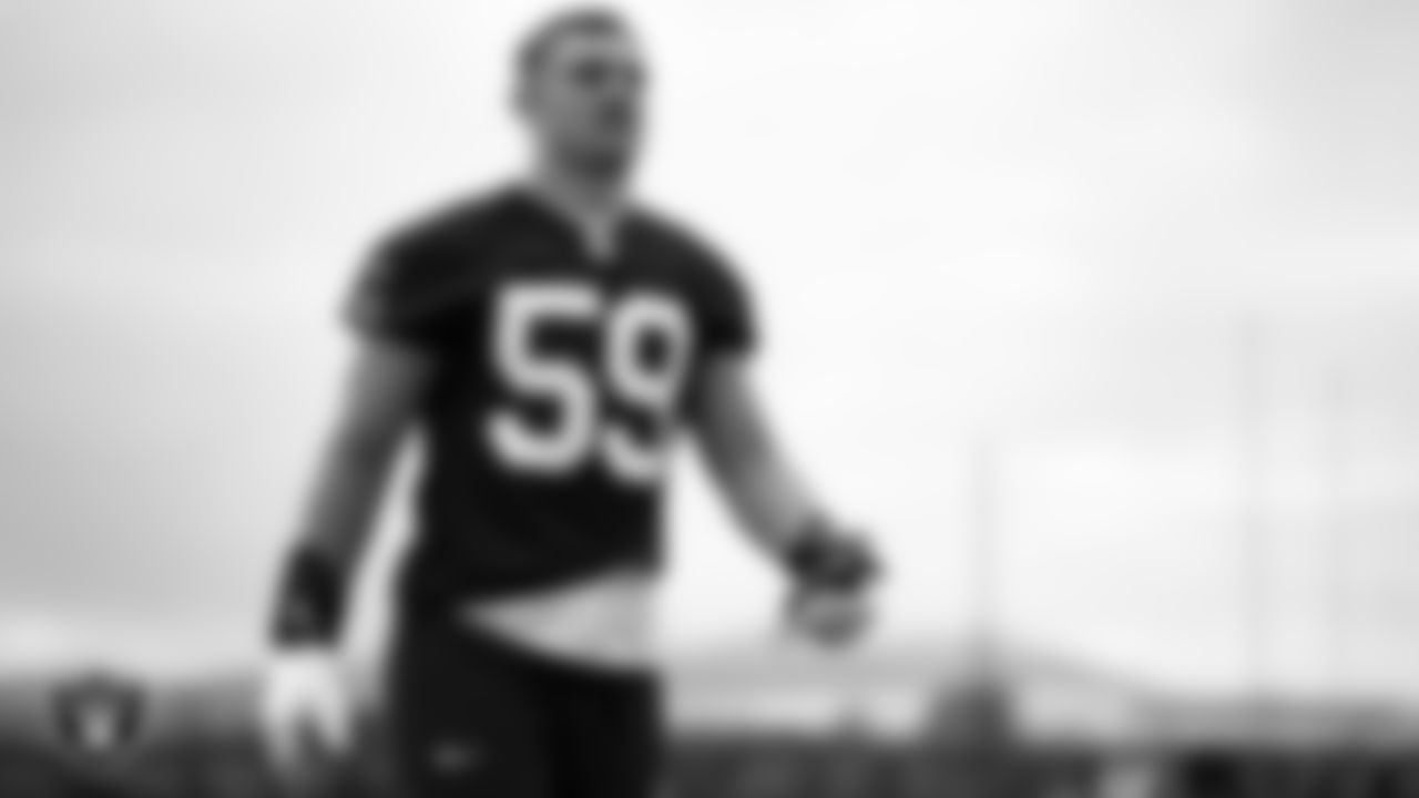 Las Vegas Raiders linebacker Luke Masterson (59) during practice at Intermountain Health Performance Center.