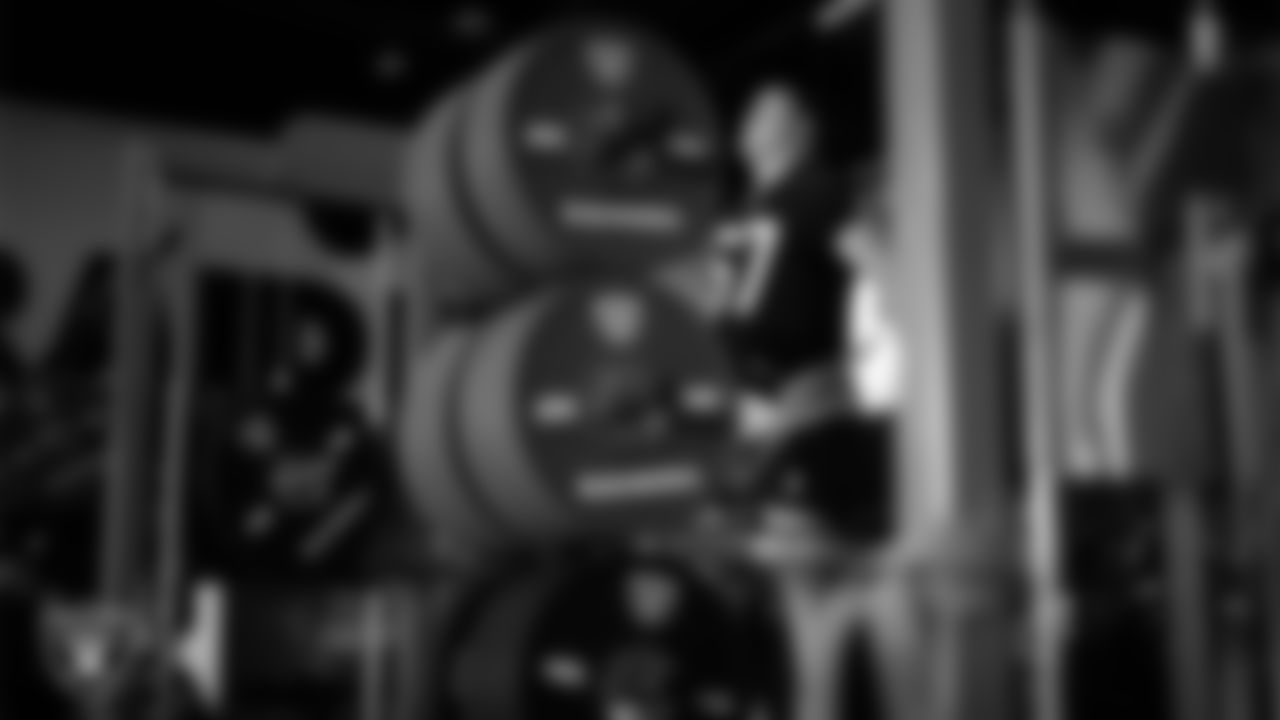 Las Vegas Raiders center Will Putnam (67) in the weight room during practice at Intermountain Health Performance Center.