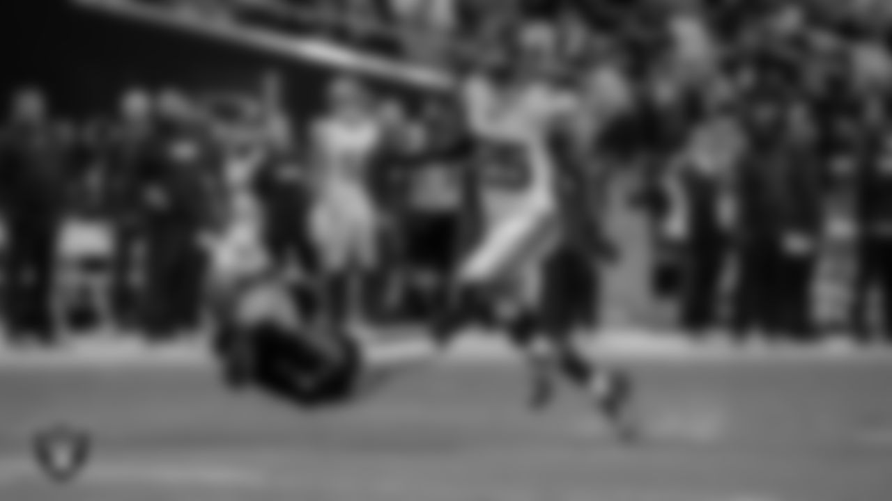 Las Vegas Raiders wide receiver Tre Tucker (11) makes a catch during the regular season home game against the New York Giants at Allegiant Stadium.