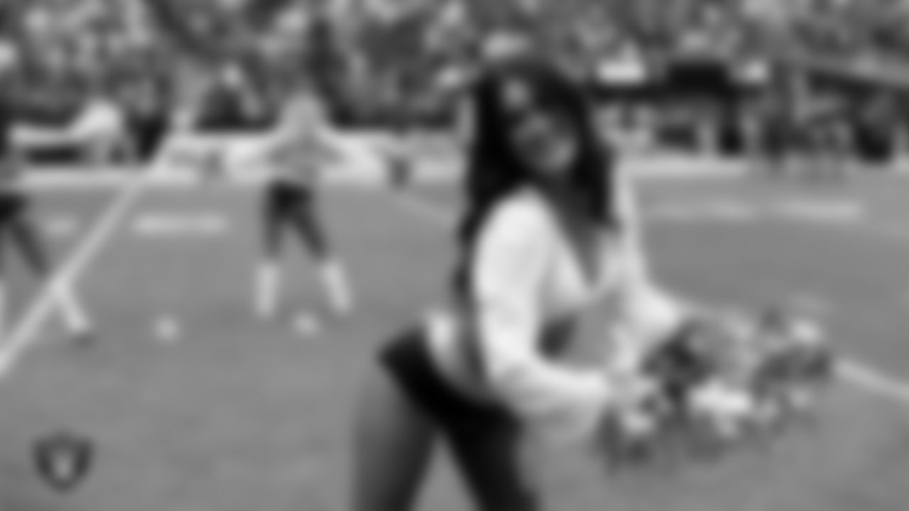 Raiderette Macy during player introductions before the regular season home game against the Chicago Bears at Allegiant Stadium.