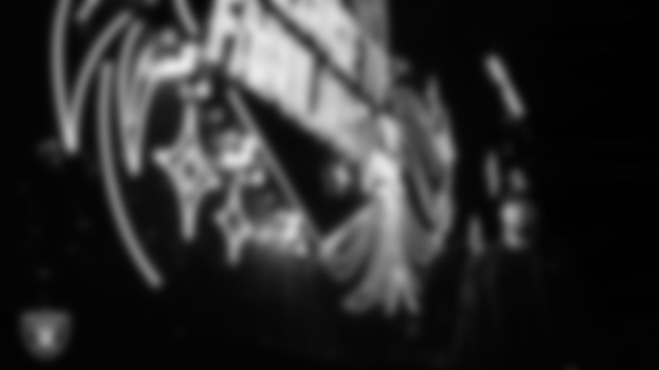 Las Vegas Raiders tackle Kolton Miller (74) arrives to the regular season home game against the New York Giants at Allegiant Stadium.